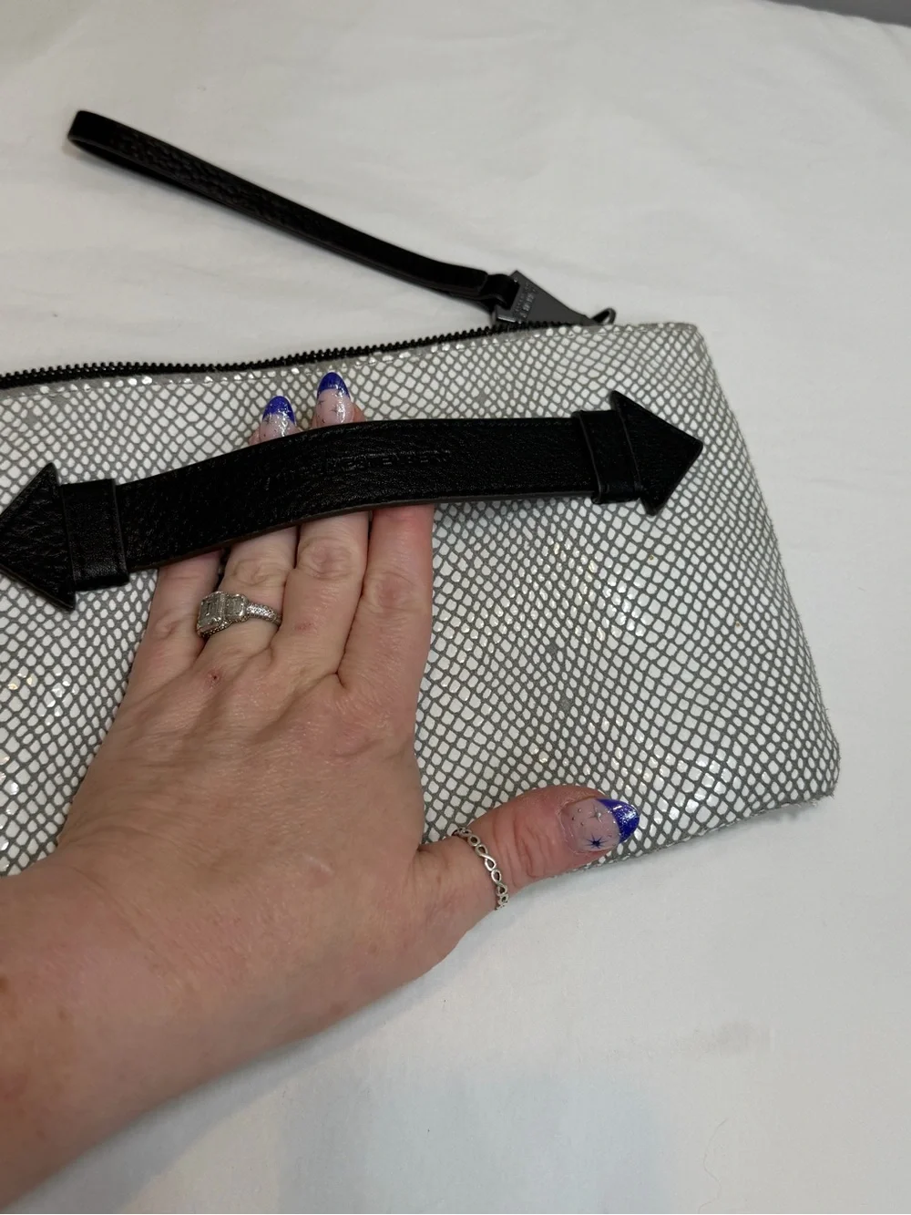 Aimee Kestenberg gray cream black leather zip top clutch